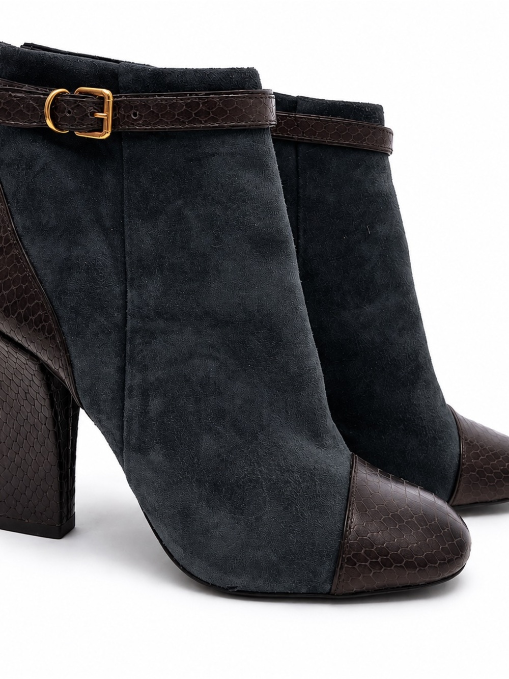 Tory Burch Women’s Ankle Boots Size 8.5 Suede Snakeskin Block Heel Gold Buckle